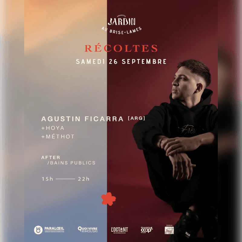 A young man in a black hoodie is featured on the right side of the poster, while the left side lists event details including performers and times against a gradient background.
