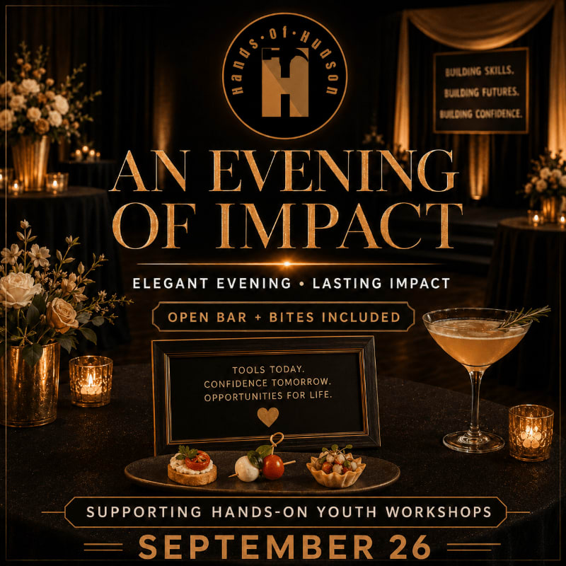 Elegant appetizers and a cocktail sit on a table in the foreground, while a dimly lit, opulent room with floral arrangements and candles forms the background for an event poster.