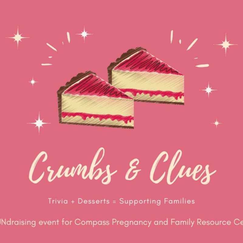 Two slices of cheesecake with raspberry topping are in the foreground against a pink background with sparkling stars, advertising a "Crumbs & Clues" fundraising event.