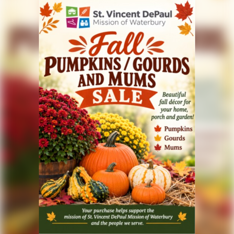 A vibrant fall sale advertisement features pumpkins, gourds, and mums in the foreground against a blurred background with autumn leaves and St. Vincent DePaul Mission of Waterbury branding.