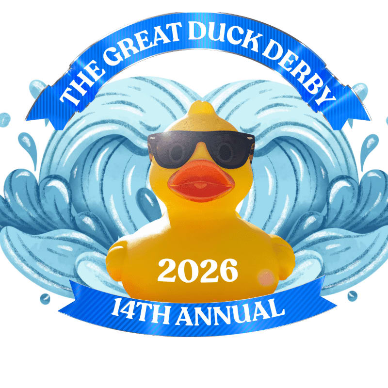 A cool rubber duck wearing sunglasses floats in stylized blue waves, with a banner above proclaiming "THE GREAT DUCK DERBY" and another below stating "14TH ANNUAL 2026".