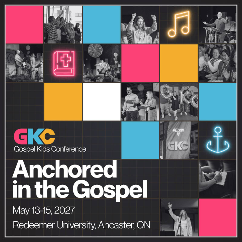 A grid of photos from a gospel kids conference, featuring joyful children and musical notes, is overlaid with the event title "Anchored in the Gospel" and conference details.