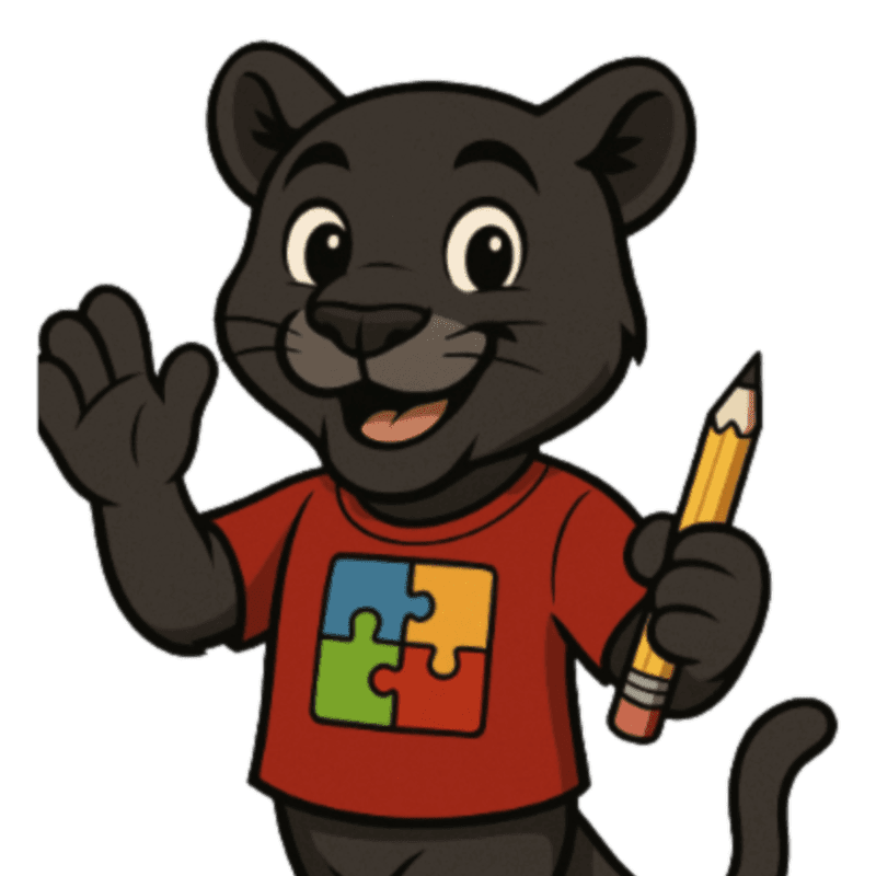 A cartoon black panther wearing a red shirt with a puzzle piece logo waves with one paw while holding a pencil in the other, against a plain white background.