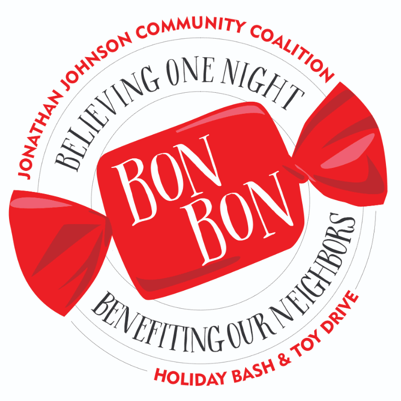 A red candy wrapper with "BON BON" written on it is in the foreground, while a circular text banner with "JONATHAN JOHNSON COMMUNITY COALITION BELIEVING ONE NIGHT BENEFITING OUR NEIGHBORS HOLIDAY BASH & TOY DRIVE" surrounds it in the background.