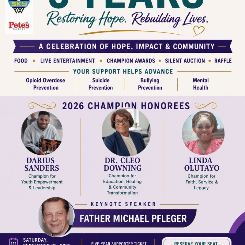 A poster announces a celebration of hope, impact, and community, featuring honorees and a keynote speaker, with a Pete's logo in the top left corner.