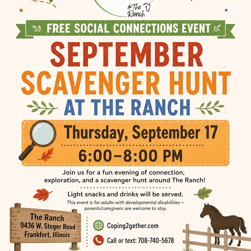 A flyer announces a free September Scavenger Hunt at The Ranch on Thursday, September 17th from 6:00-8:00 PM, with a horse and fence in the background.