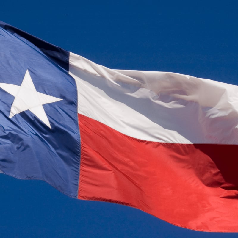 A Texas flag with a white star on a blue field and red and white stripes waves against a clear blue sky.