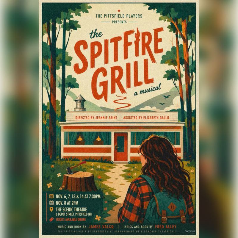 A woman with long, dark hair in a plaid shirt and backpack walks towards a diner nestled among trees, with a tree stump and axe in the foreground.