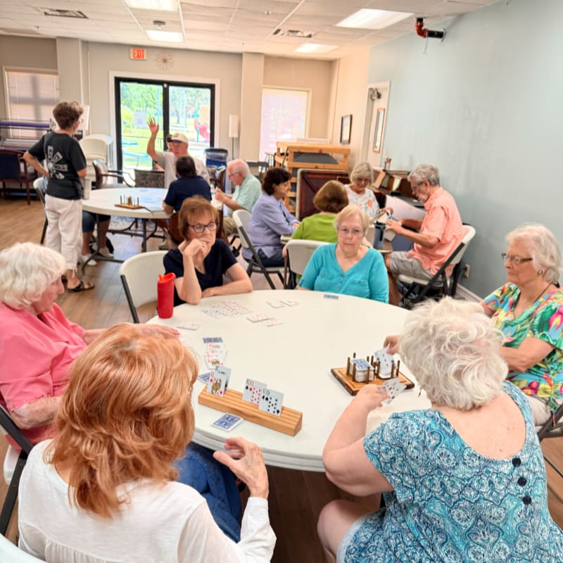 Elderly people play cards around a table in the foreground, while others socialize and relax in the background of a community room.