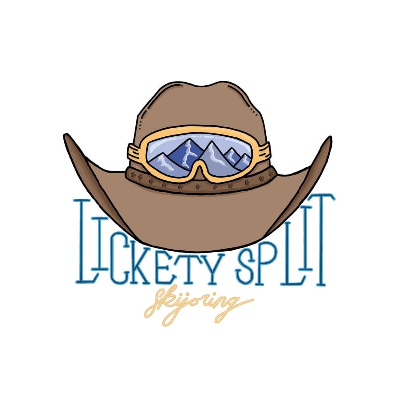 A brown cowboy hat with ski goggles displaying a mountain scene sits above the words "LICKETY SPLIT" and "skijoring" on a white background.