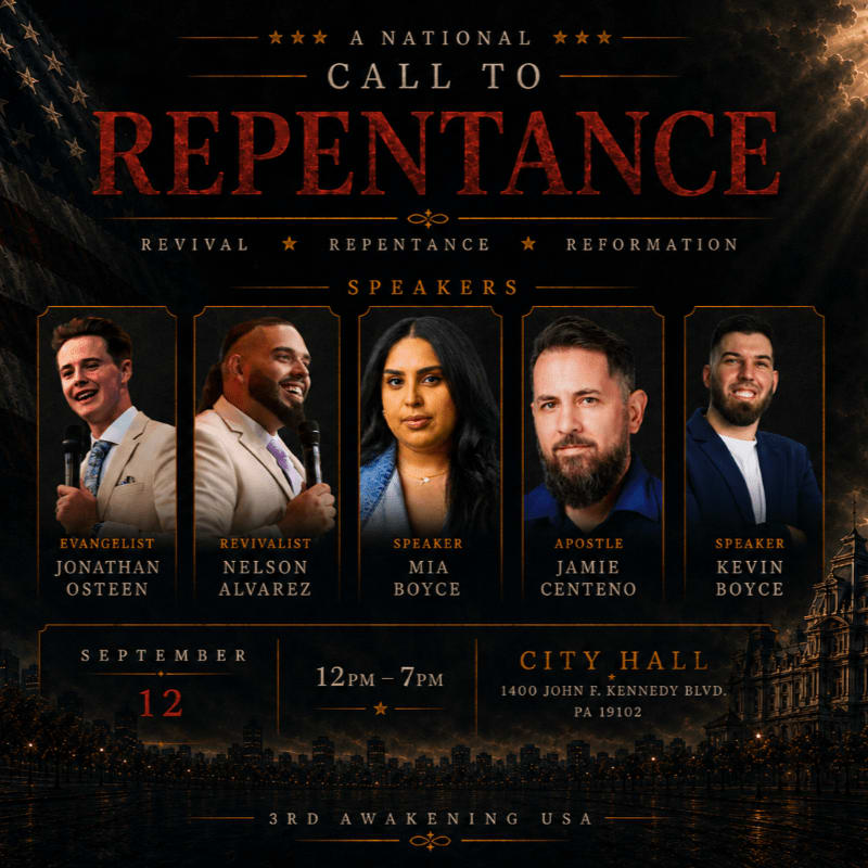 Five speakers are featured in the foreground against a background of a city skyline at night with a patriotic theme.