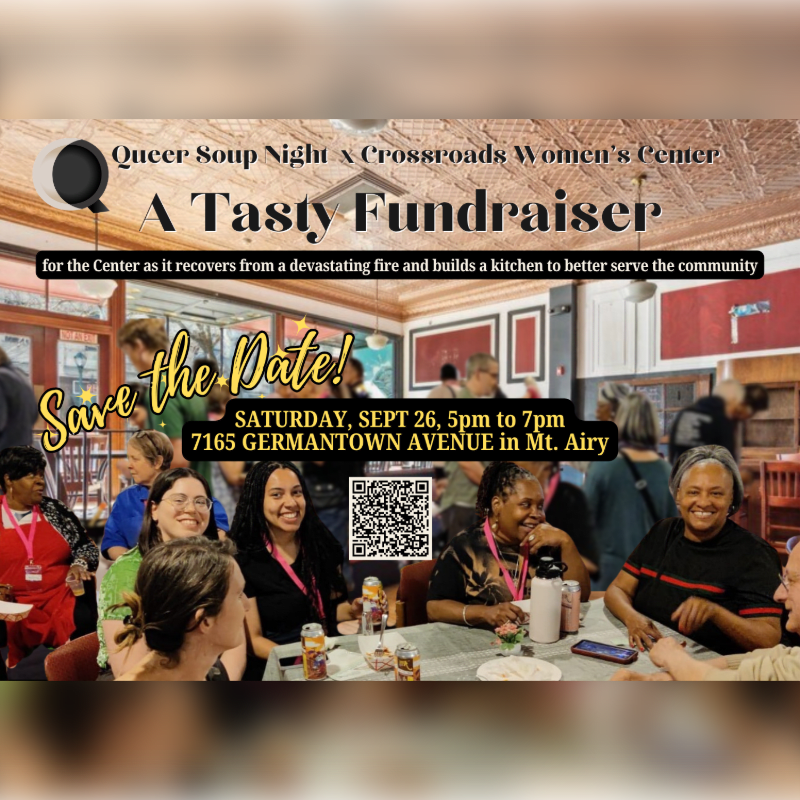 A group of smiling people are gathered around a table in a brightly lit room, with event details for a fundraiser overlaid on the image.