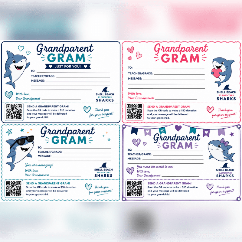 Four colorful cards featuring cartoon sharks and messages for "Grandparent Gram" are displayed against a white background.