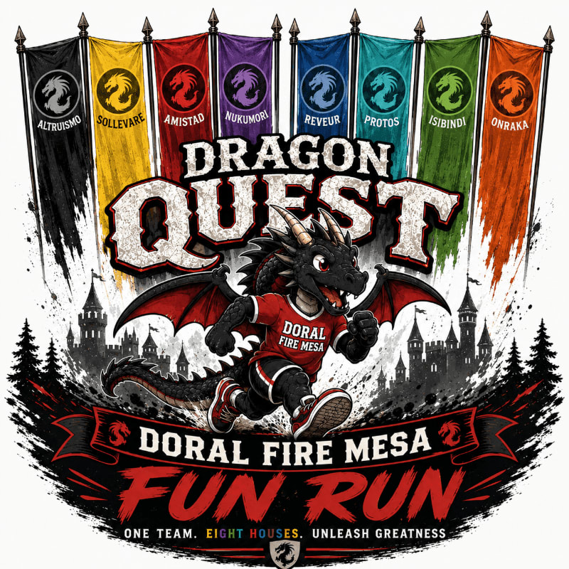 A cartoon dragon in a red shirt and shorts runs in the foreground, with a banner for "Doral Fire Mesa Fun Run" below it, while colorful flags with dragon emblems and house names are displayed in the background.