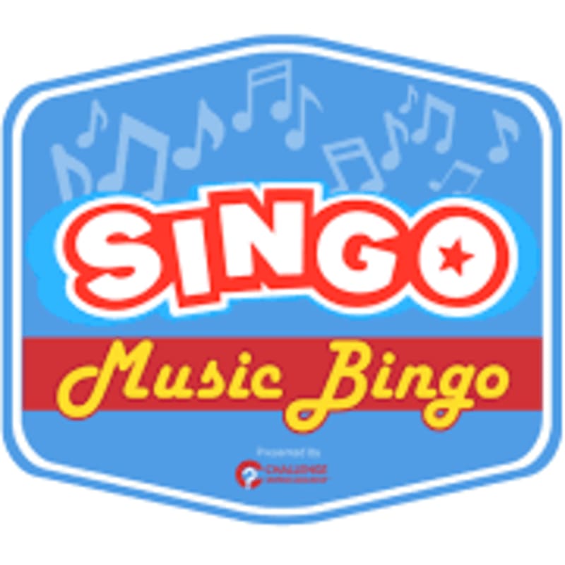 A blue, rounded-corner rectangle with "SINGO Music Bingo" in bold red and yellow lettering is set against a background of musical notes.