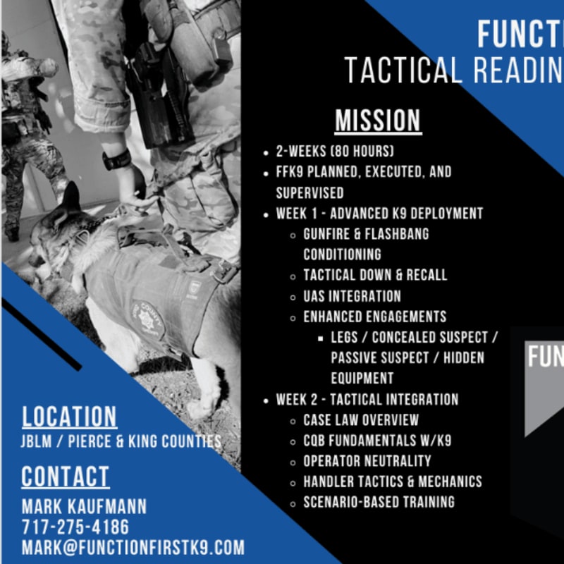 A tactical K9 unit is featured in the foreground with training details listed in the background.