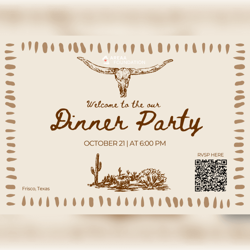 A rustic invitation for a dinner party features a longhorn skull and desert landscape in the foreground against a textured, light brown background with decorative borders.