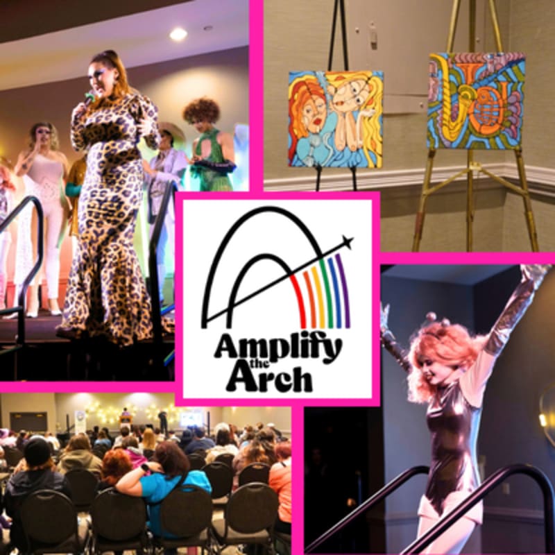 A drag queen in a leopard print gown performs on stage in front of an audience, while colorful paintings are displayed on easels in the background.