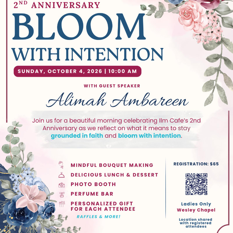A floral-themed invitation for a 2nd anniversary event titled "Bloom With Intention" features a bouquet of blue and pink flowers in the foreground against a white background with event details.