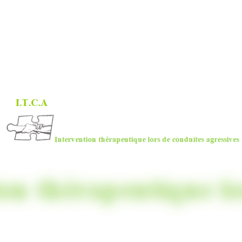 A puzzle piece logo with text "I.T.C.A" and "Intervention thérapeutique lors de conduites agressives" is in the foreground, with a blurred green background.