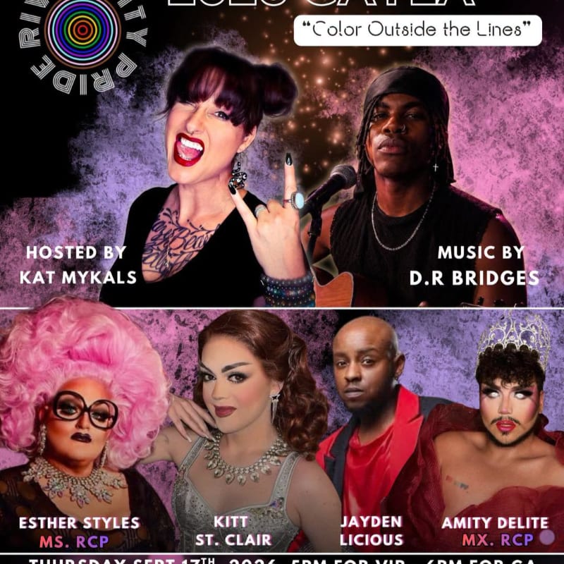 A vibrant poster for a Pride event features performers Kat Mykals and D.R. Bridges in the upper section, with Esther Styles, Kitt St. Clair, Jayden Licious, and Amity Delite in the lower section, all set against a colorful, textured background.
