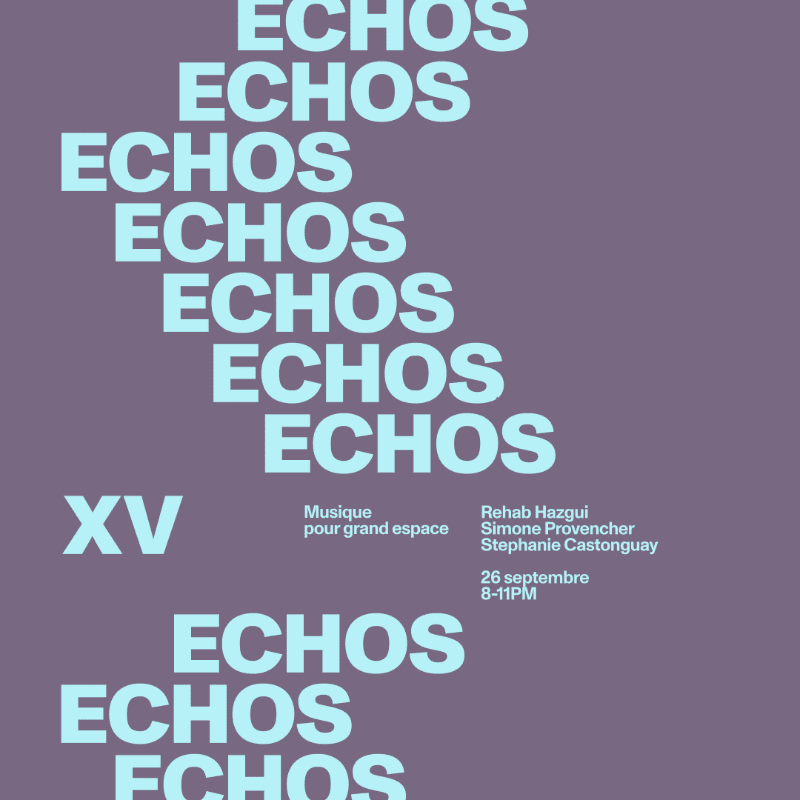 Light blue text "ECHOS" repeats down the left side of the muted purple background, with event details and "XV" to the right of the middle section.