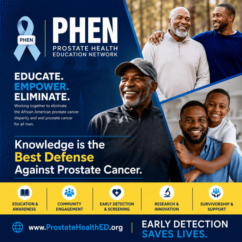 Three smiling Black men of different ages are featured in the foreground, with the PHEN logo and educational text on the left, and a row of icons representing health services at the bottom.