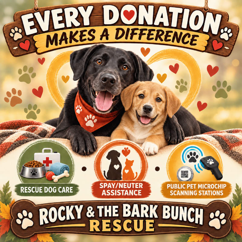 A black lab and a golden puppy smile in the foreground, with a banner above proclaiming "Every Donation Makes a Difference" and icons below detailing rescue services, all set against a warm, autumnal background.