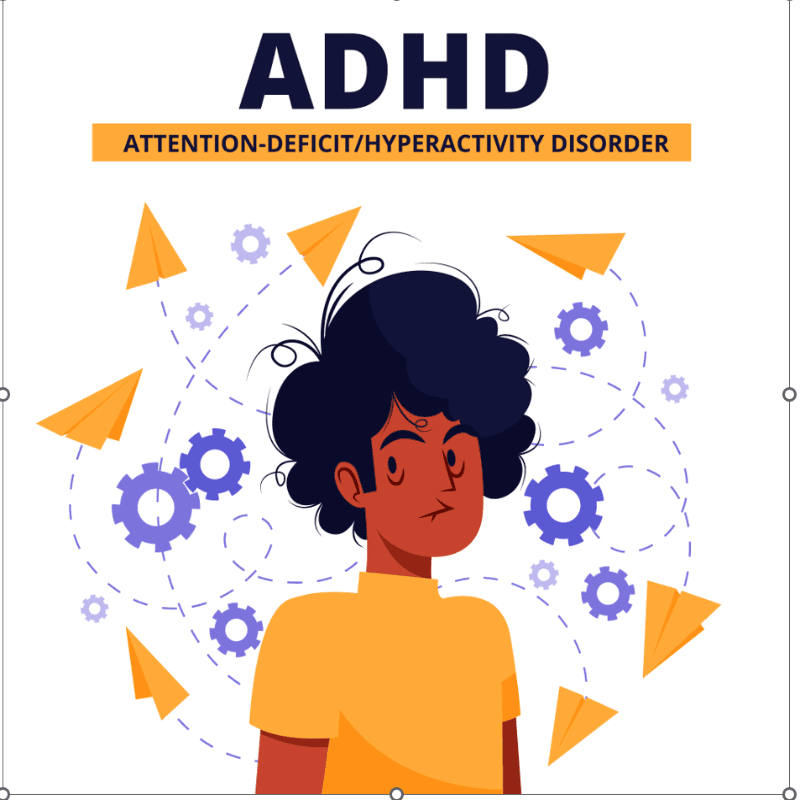 A person with a worried expression stands in the foreground, surrounded by flying paper airplanes and gears in the background, with the words "ADHD ATTENTION-DEFICIT/HYPERACTIVITY DISORDER" displayed above.
