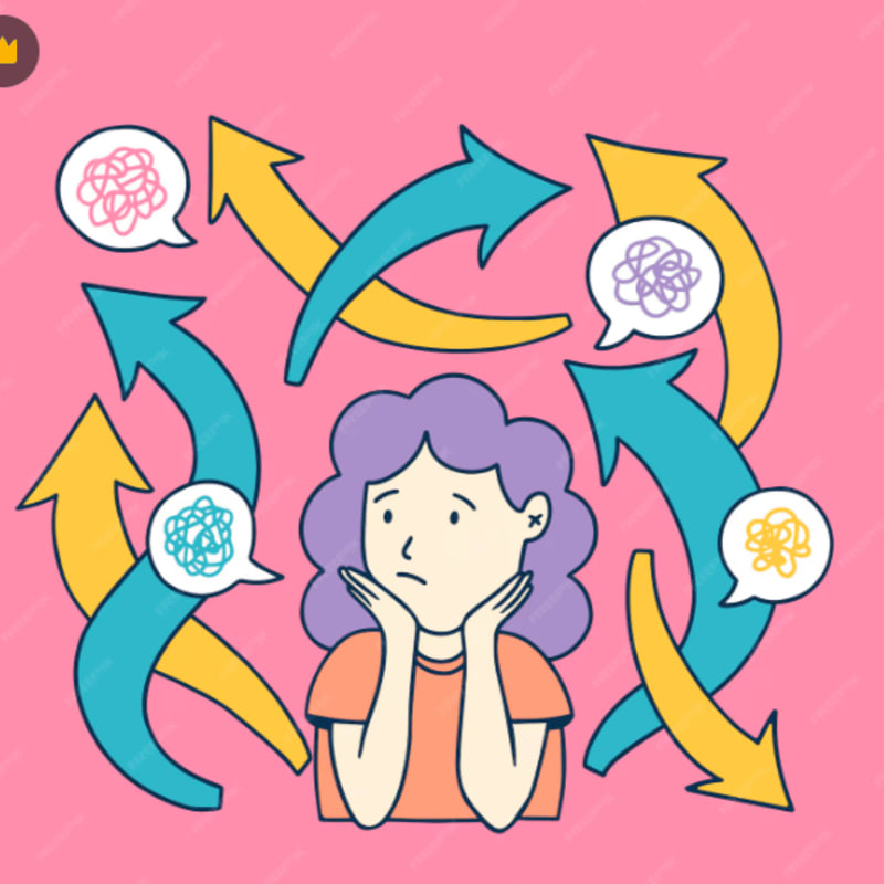 A distressed person with purple hair is surrounded by a chaotic swirl of yellow and blue arrows and thought bubbles filled with scribbles against a pink background.