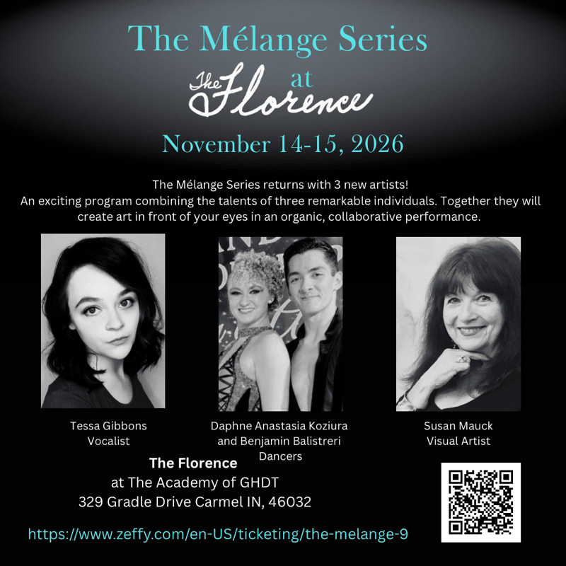 Three portraits of performers and an artist are displayed against a dark background with event details and a QR code.