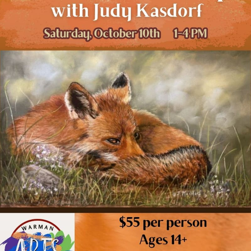A painting of a fox resting in tall grass is featured in the foreground, with event details and a logo in the background.