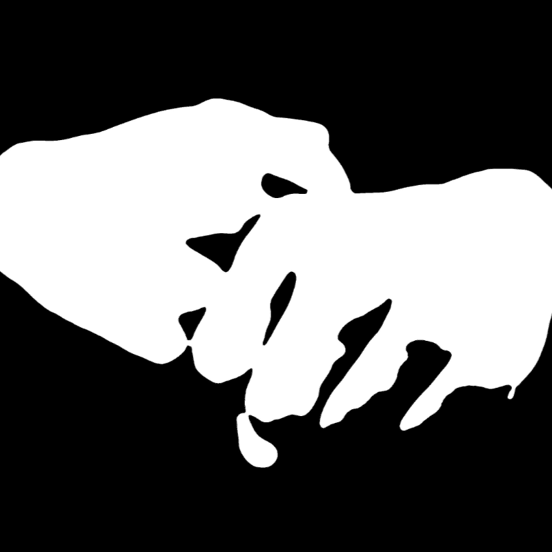 Two white hands are clasped together against a stark black background.