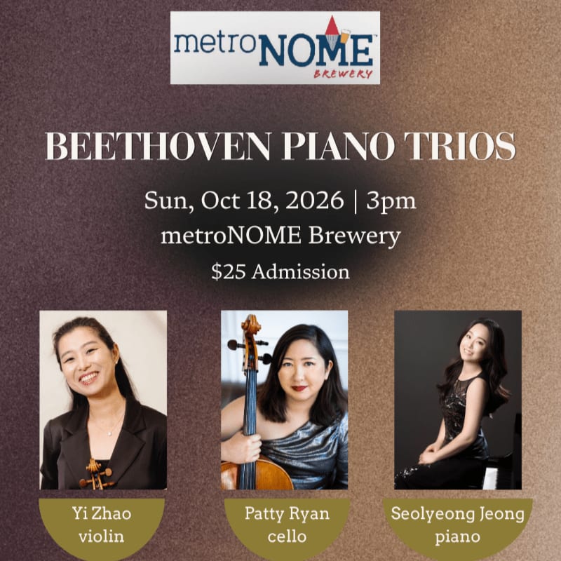 Three musicians, a violinist, a cellist, and a pianist, are featured in the foreground of an advertisement for "Beethoven Piano Trios" at metroNOME Brewery, which is displayed in the background.
