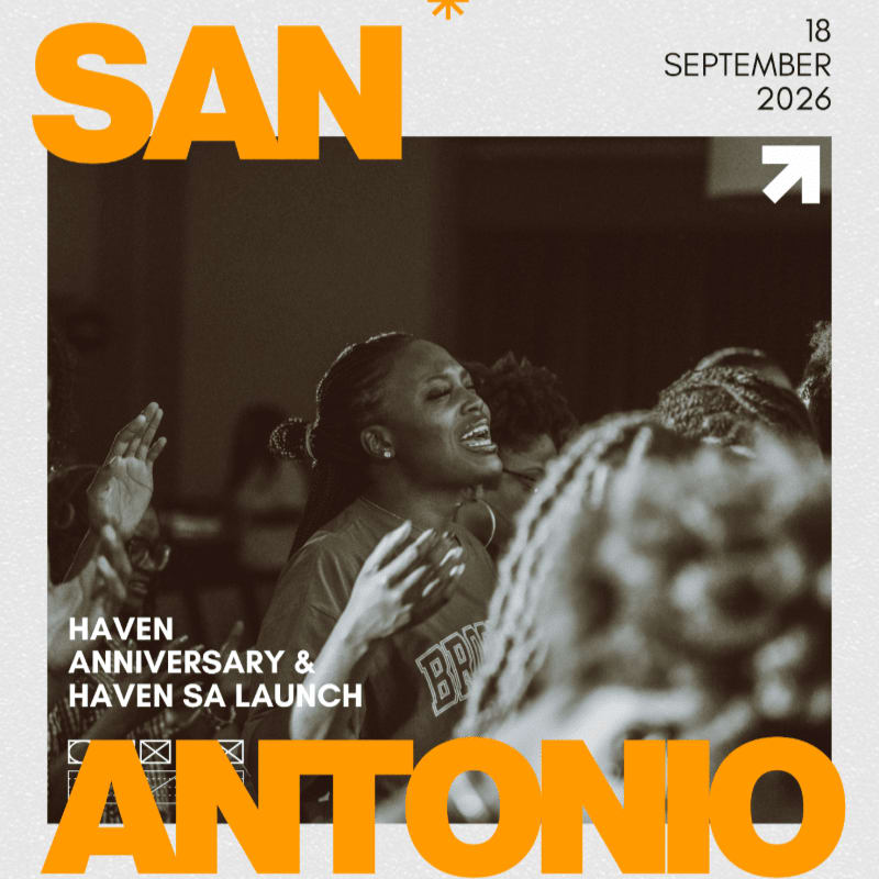 A woman with her eyes closed and mouth open in song is in the foreground, while a blurred crowd and stage are in the background, all overlaid with text announcing "SAN ANTONIO HAVEN ANNIVERSARY & HAVEN SA LAUNCH" and the date "18 SEPTEMBER 2026".