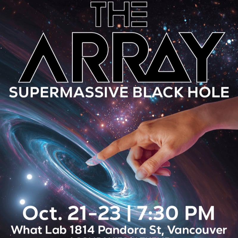 A hand points towards a swirling accretion disk around a supermassive black hole, with event details below against a starry background.