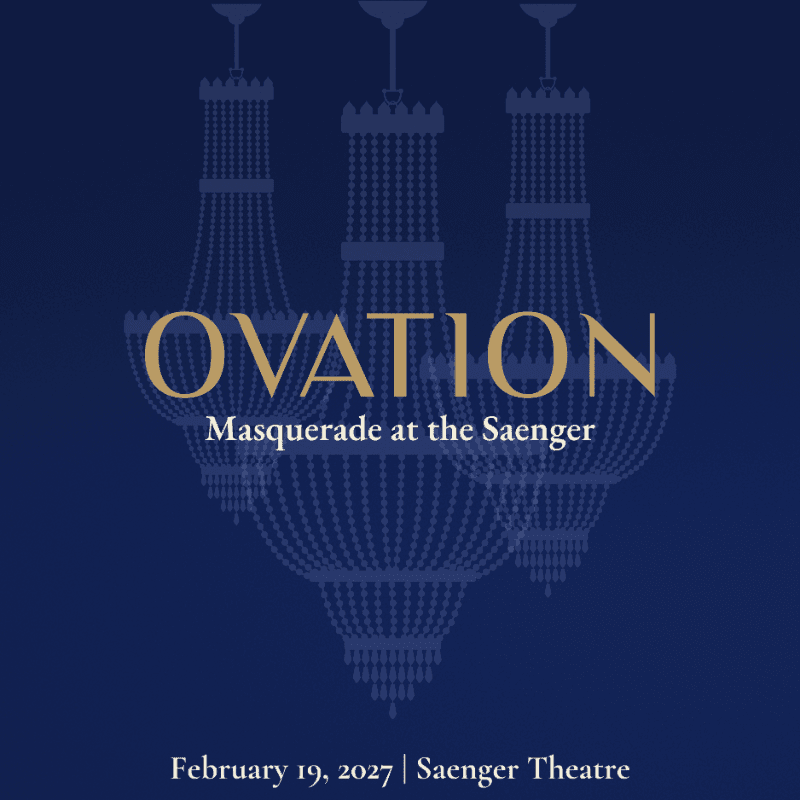 Three ornate chandeliers hang in the foreground against a deep blue background, with the text "OVATION Masquerade at the Saenger" and event details at the bottom.