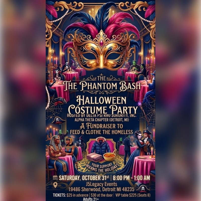 A vibrant, ornate poster for "The Phantom Bash Halloween Costume Party" features a large, jeweled Venetian mask in the foreground against a backdrop of a dimly lit, opulent ballroom filled with costumed figures and decorative elements.