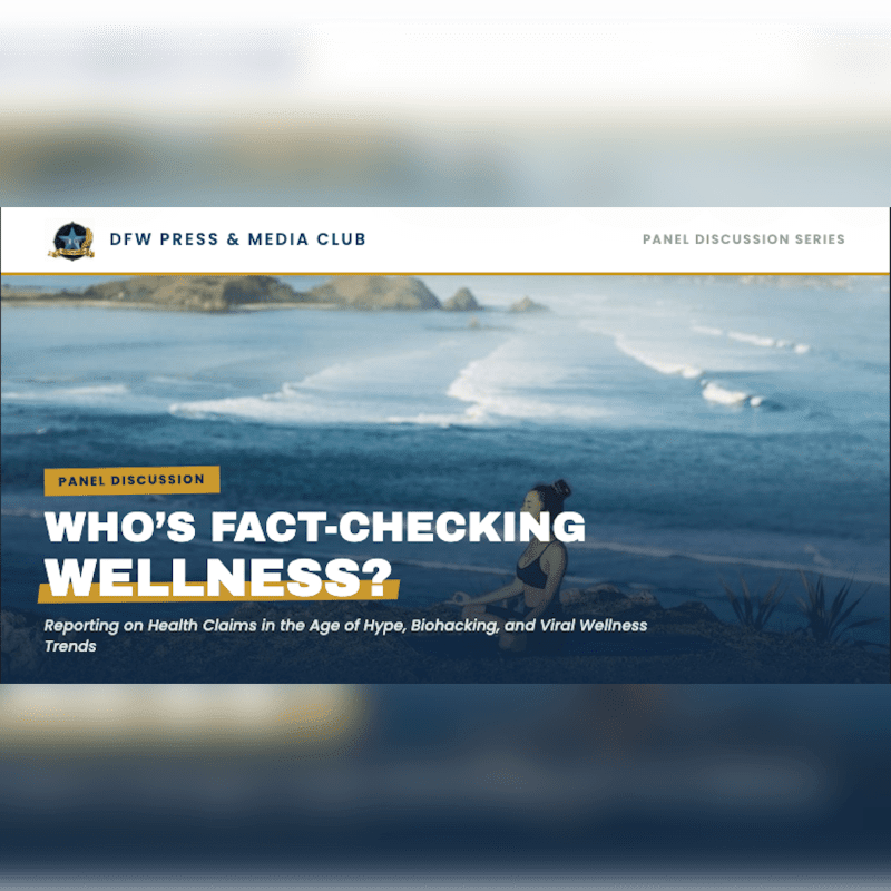 A woman in the foreground meditates by the ocean, with the DFW Press & Media Club logo and panel discussion title overlayed on the serene seascape.