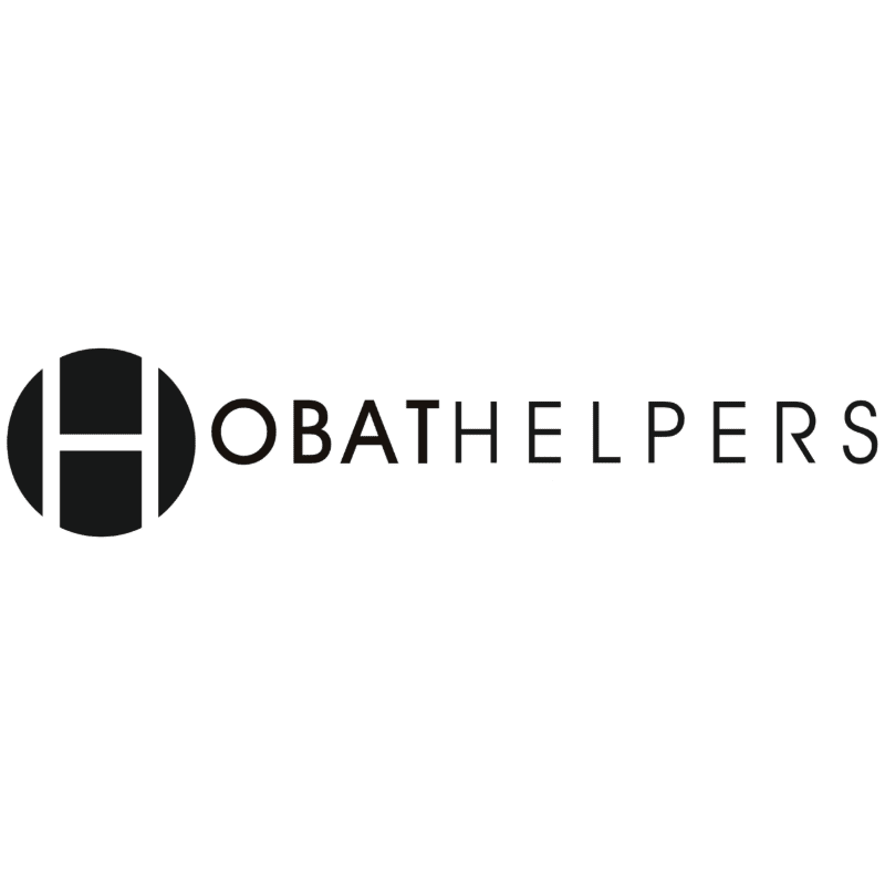 A black circle with a stylized "H" inside is on the left, with the word "OBATHELPERS" in black text to its right, all against a white background.