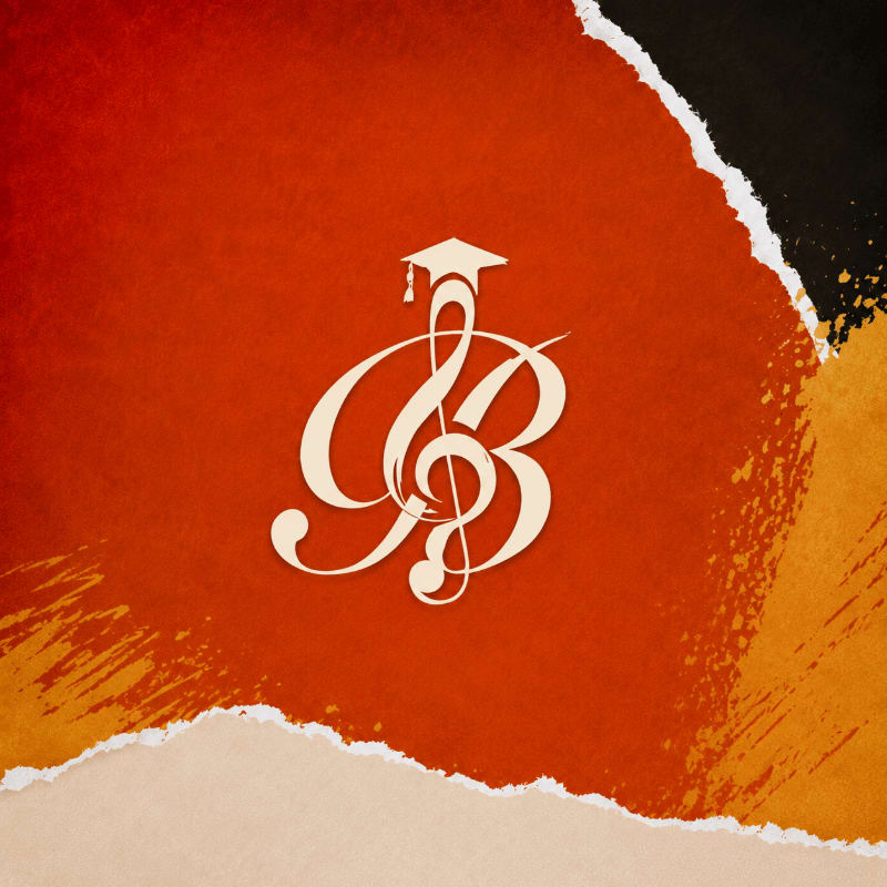 A cream-colored treble clef with a graduation cap rests on a torn, textured orange background with hints of black and beige.