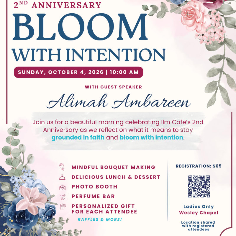 A floral-themed invitation for a 2nd anniversary event titled "Bloom With Intention" features a bouquet of blue and pink flowers in the foreground against a white background with event details.