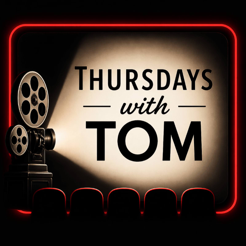A vintage film projector illuminates a screen displaying "Thursdays with TOM" in front of a row of red theater seats, all framed by a glowing neon border.