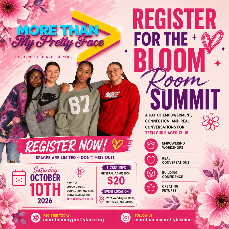 Four smiling teenage girls stand in the foreground against a pink background with floral accents and event details for the "Bloom Room Summit."
