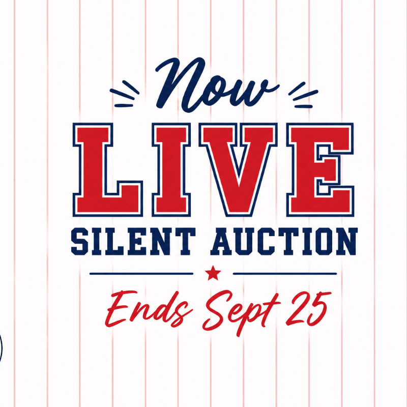 Red and blue text announcing a "Now LIVE Silent Auction" ending September 25 is centered on a background of thin red and white pinstripes.