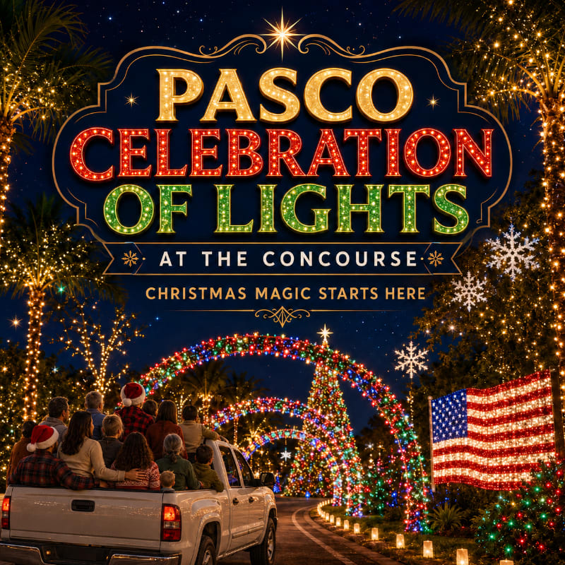 A pickup truck filled with people wearing Santa hats drives through a dazzling Christmas light display featuring illuminated palm trees, arches, and a large American flag in the background.