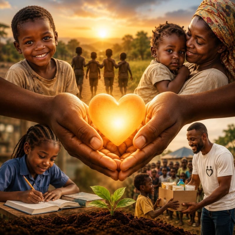 Cupped hands hold a glowing heart above a child writing, a man distributing supplies, and a mother holding a baby, all set against a backdrop of children walking towards a sunset.