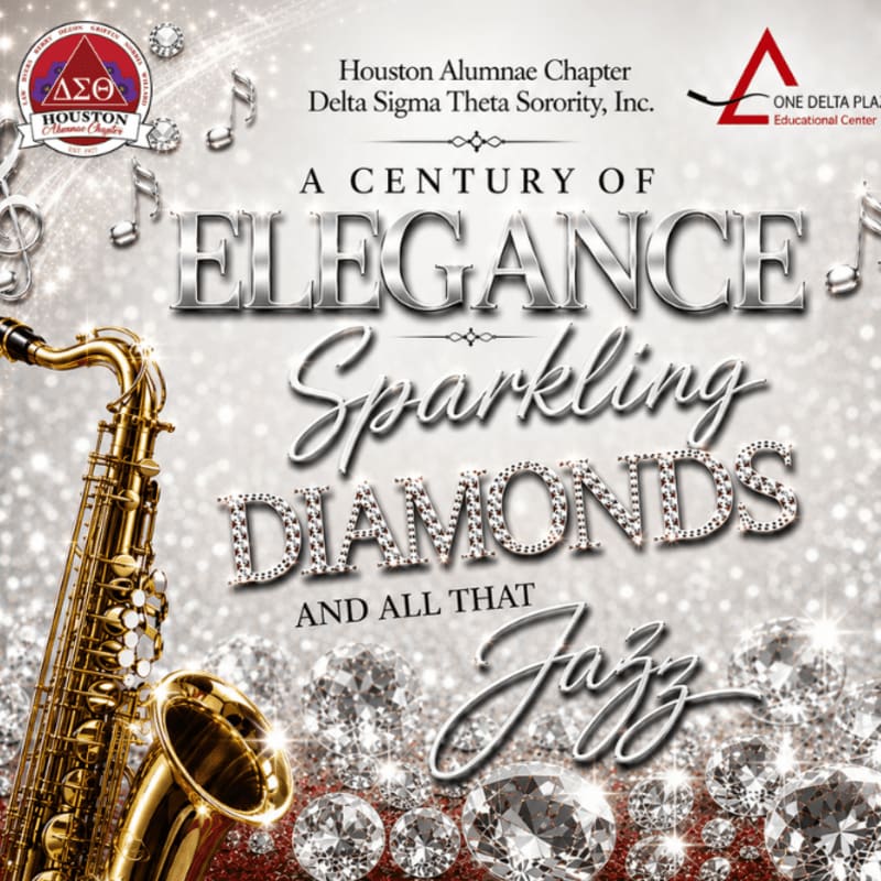A golden saxophone rests in the foreground against a sparkling background of diamonds and musical notes, advertising "A Century of Elegance, Sparkling Diamonds and All That Jazz" for the Houston Alumnae Chapter of Delta Sigma Theta Sorority, Inc.