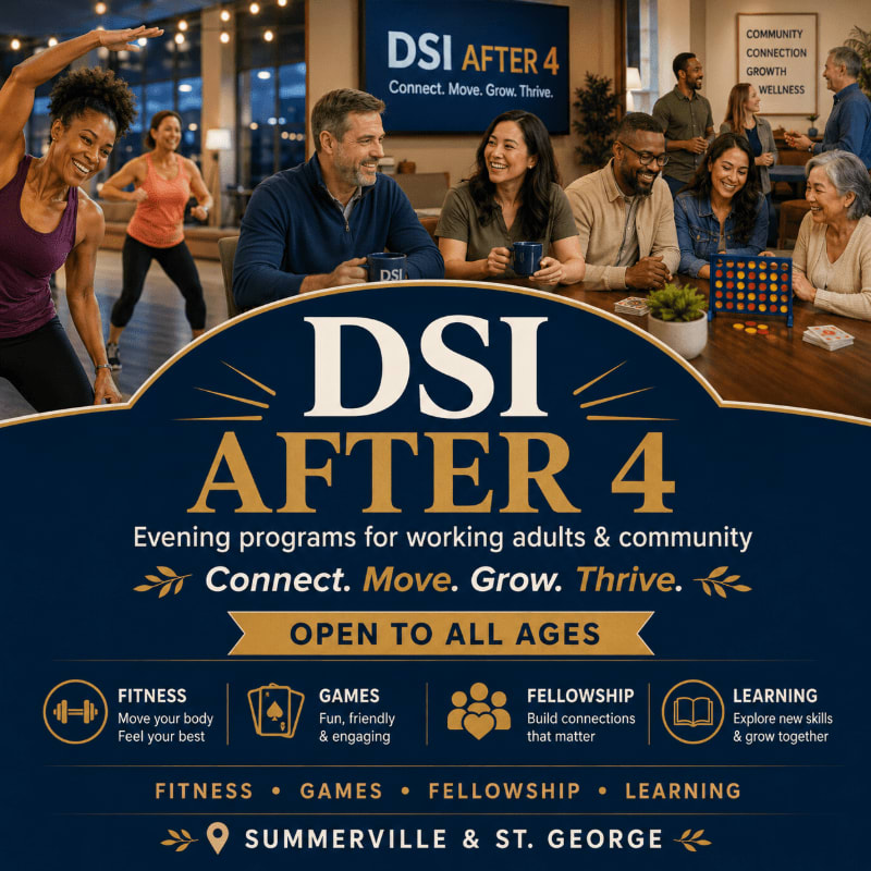 A group of diverse adults are smiling and interacting in a well-lit room with a "DSI AFTER 4" logo prominently displayed in the background.
