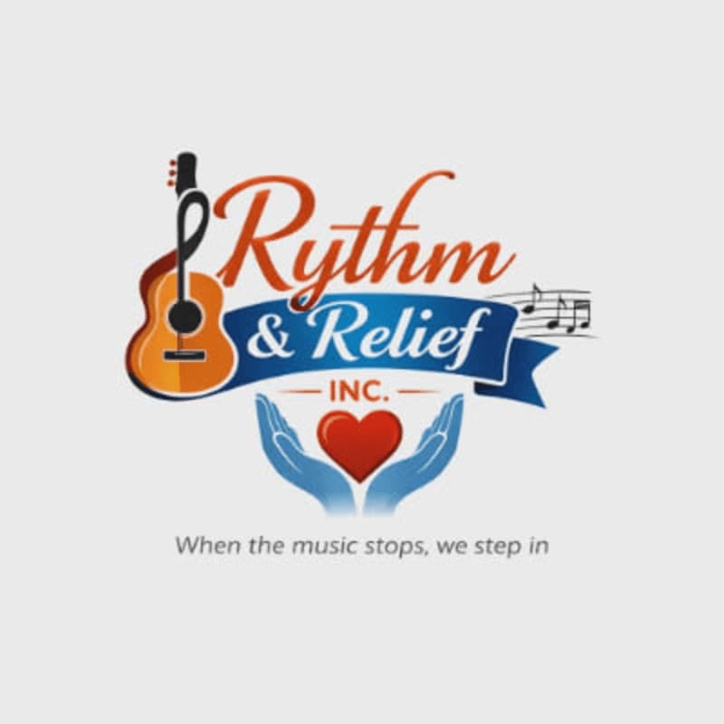 A guitar and musical notes adorn the logo for "Rythm & Relief INC." with a heart held by hands in the foreground, set against a light gray background.